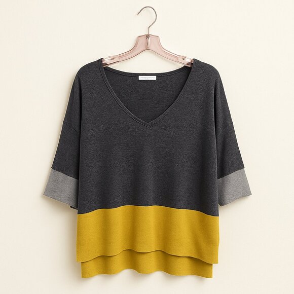 PART TWO | Grey & Mustard Yellow Oversize Colour Block Light Knit Blouse… - Picture 1 of 7